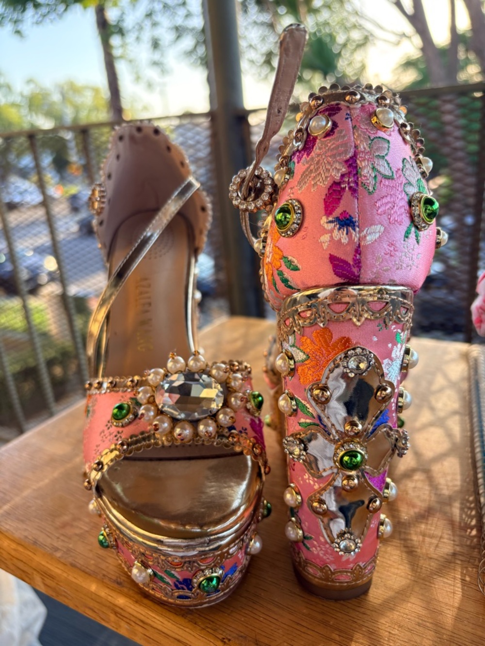 Embellished Pink Floral Platform Sandals with Gem Accents